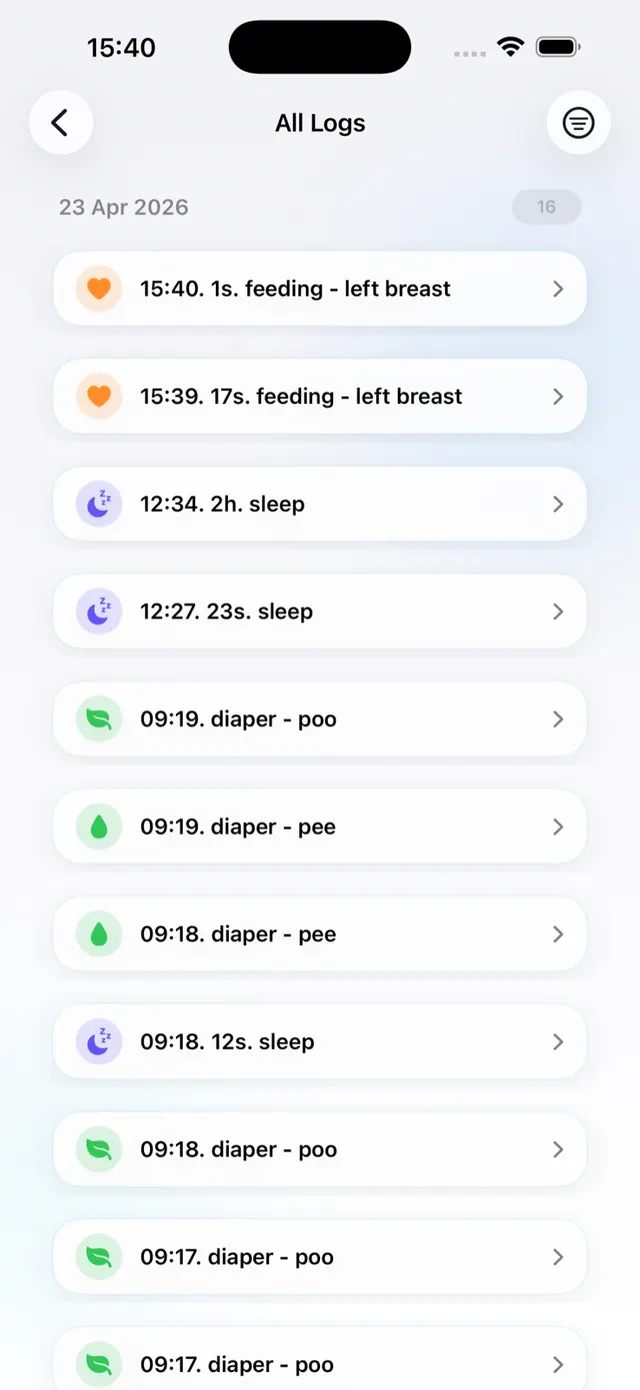 Nanny & Me chronological care history with sleep, feeding and diaper entries