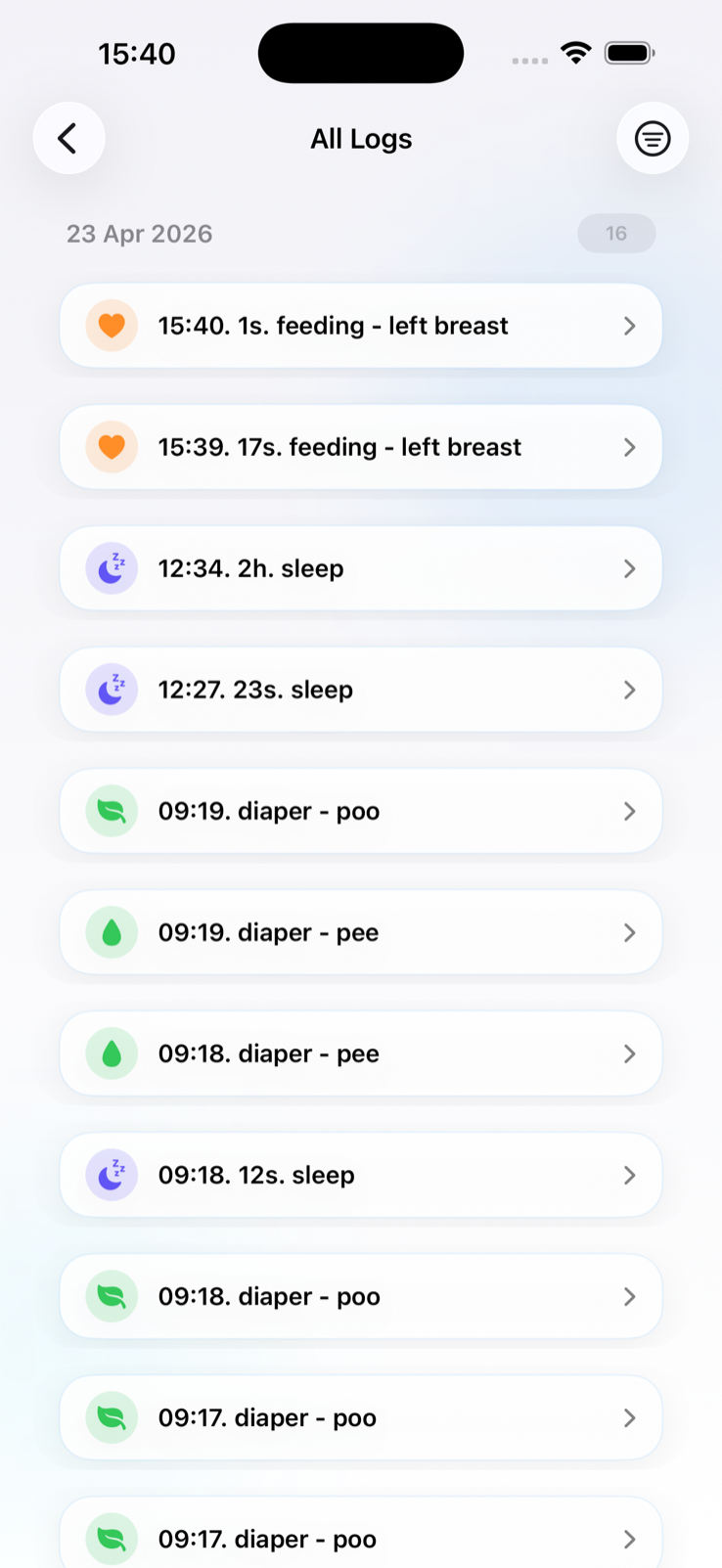 Nanny & Me all logs screen showing baby care history