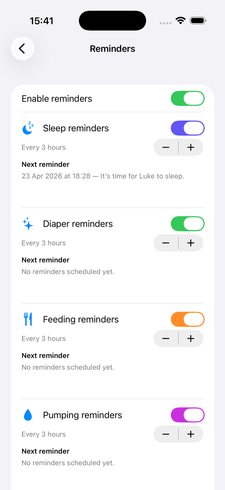 Nanny & Me reminder settings for sleep, diapers, feeding and pumping