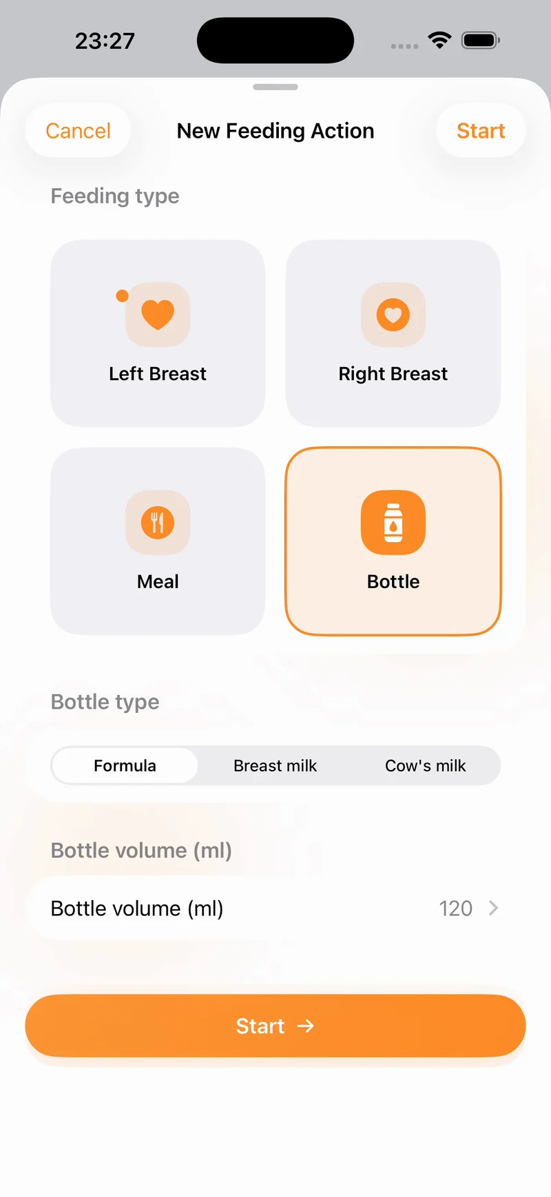 Nanny & Me bottle-feeding form with feeding type, bottle type, and volume